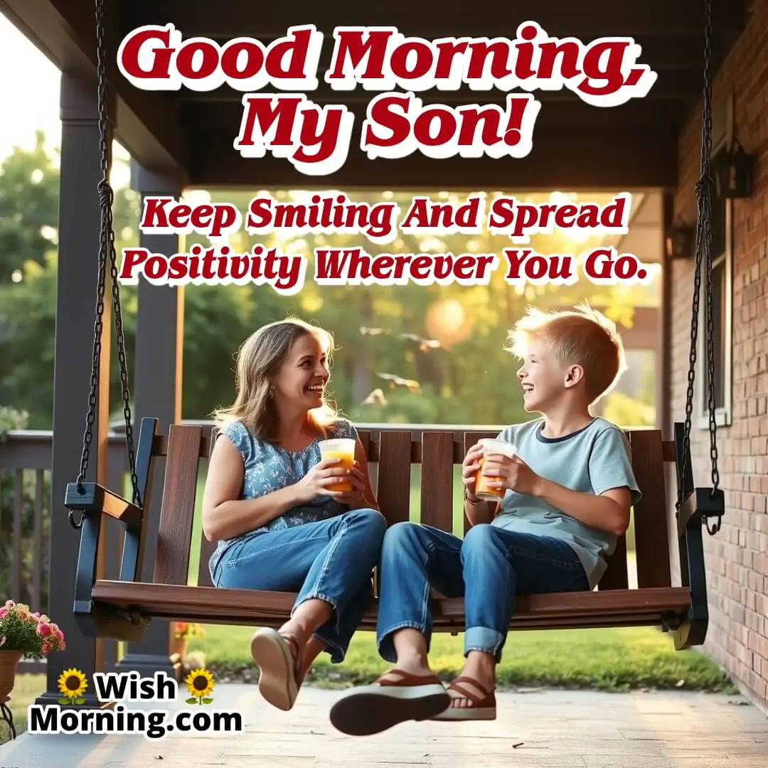 A mother and son sharing laughter on a porch swing, symbolizing joy, bonding, and a fresh morning start.