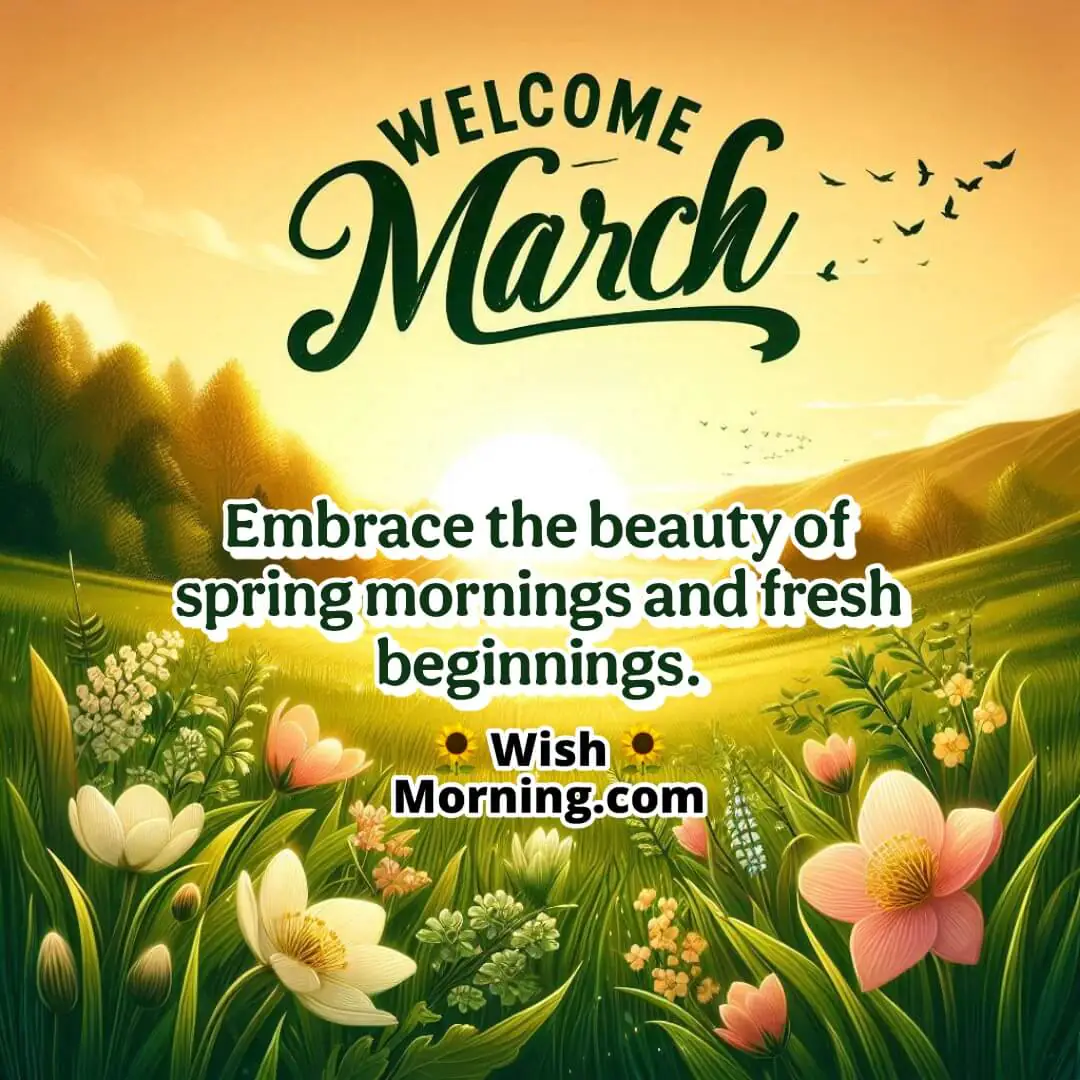 A golden sunrise over a lush green meadow with early spring flowers, representing fresh beginnings and the beauty of March mornings.
