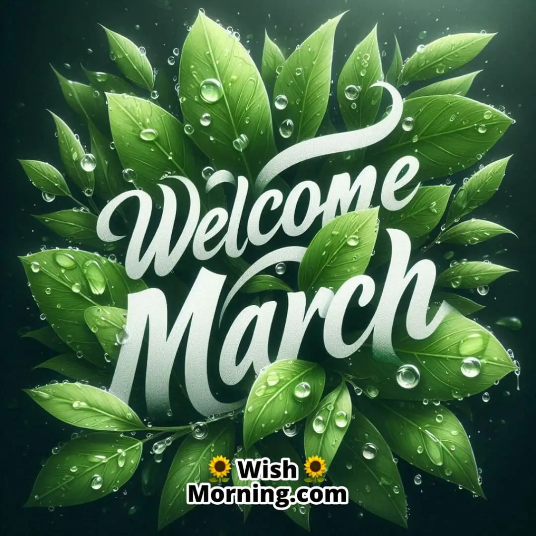 Welcome March With Raindrops On Spring Leaves