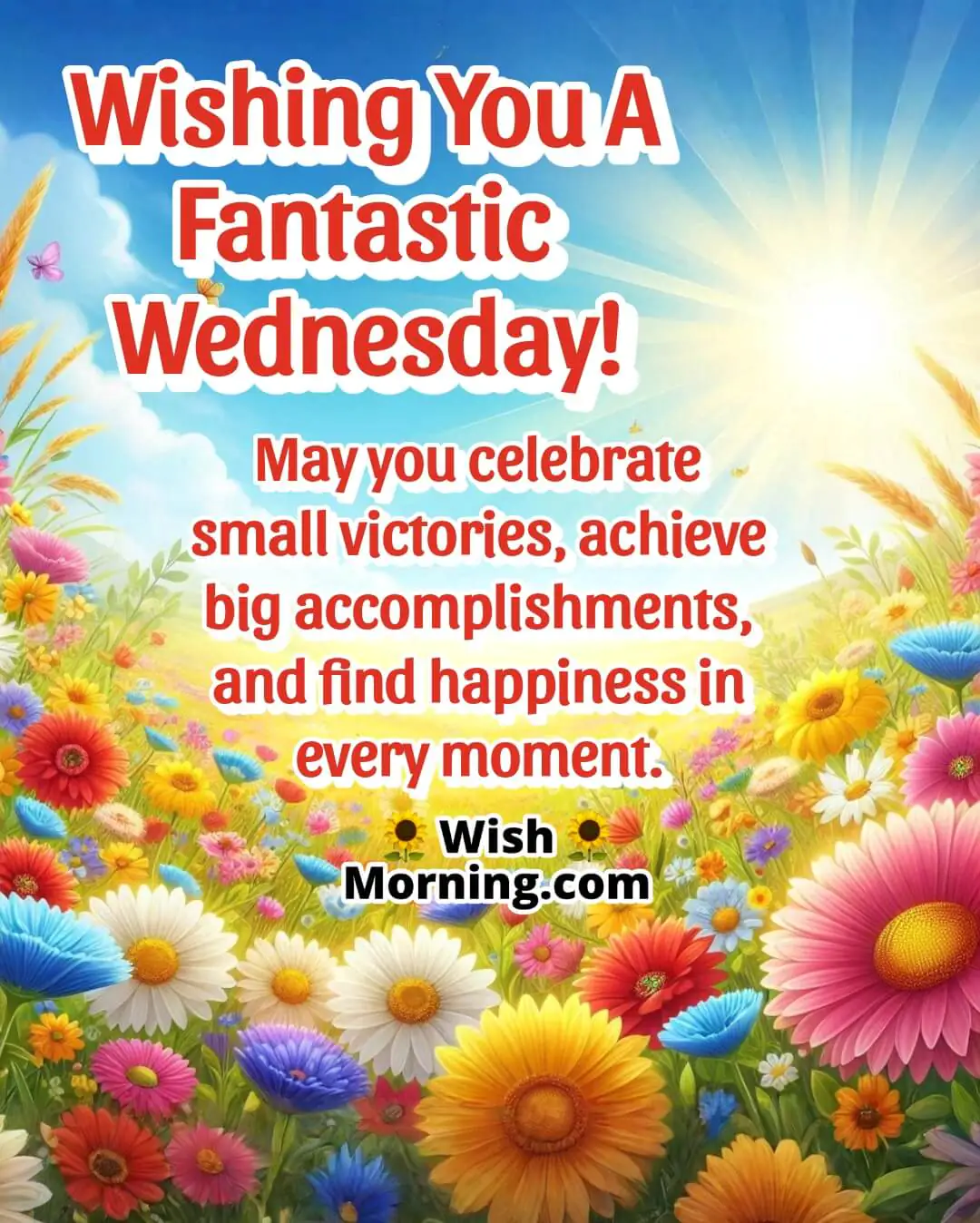 Wednesday image with a colorful meadow and bright sun, symbolizing happiness and achievements.