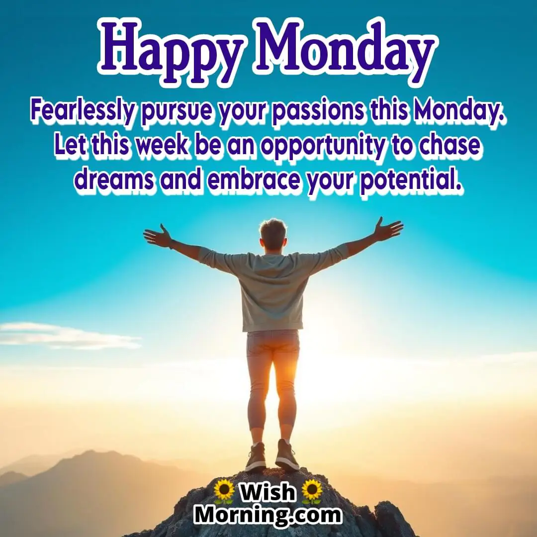 A person standing on a mountaintop at sunrise on Monday, symbolizing courage and ambition.