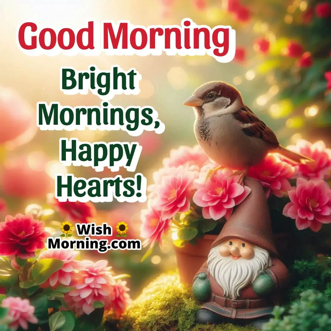 Sparrow on a garden gnome surrounded by flowers for a happy morning.