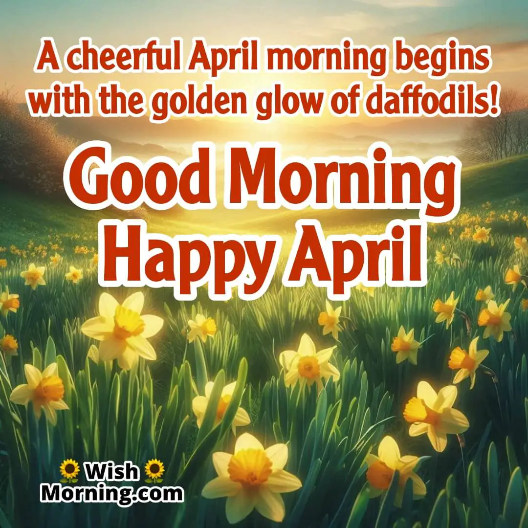 A lush meadow filled with bright yellow daffodils swaying gently in the morning breeze, with a soft sunrise in the background. Ample space for text in the sky.