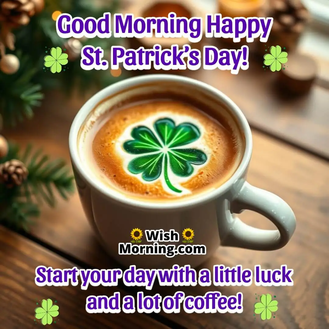 A coffee cup with a shamrock latte art, symbolizing warmth, energy, and the spirit of St. Patrick’s Day.