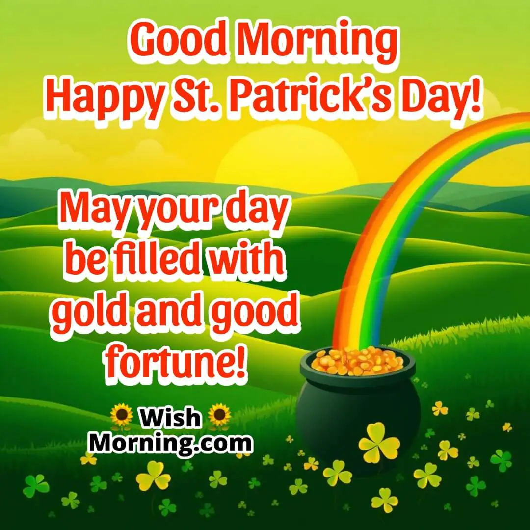 A sunrise over green hills with a pot of gold and shamrocks, symbolizing wealth, blessings, and St. Patrick’s Day traditions.