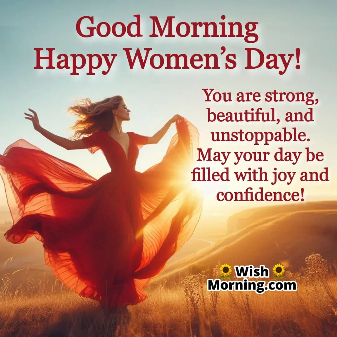 A confident woman in a red dress standing at sunrise, symbolizing strength and beauty.