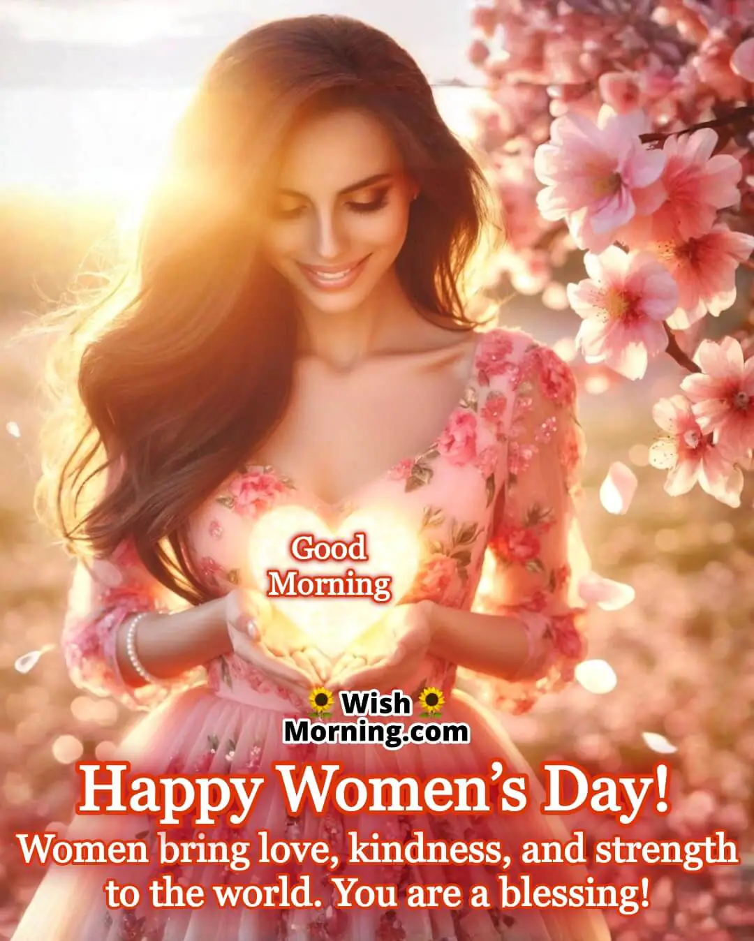 A woman in a pink dress holding a glowing heart, radiating warmth and kindness.