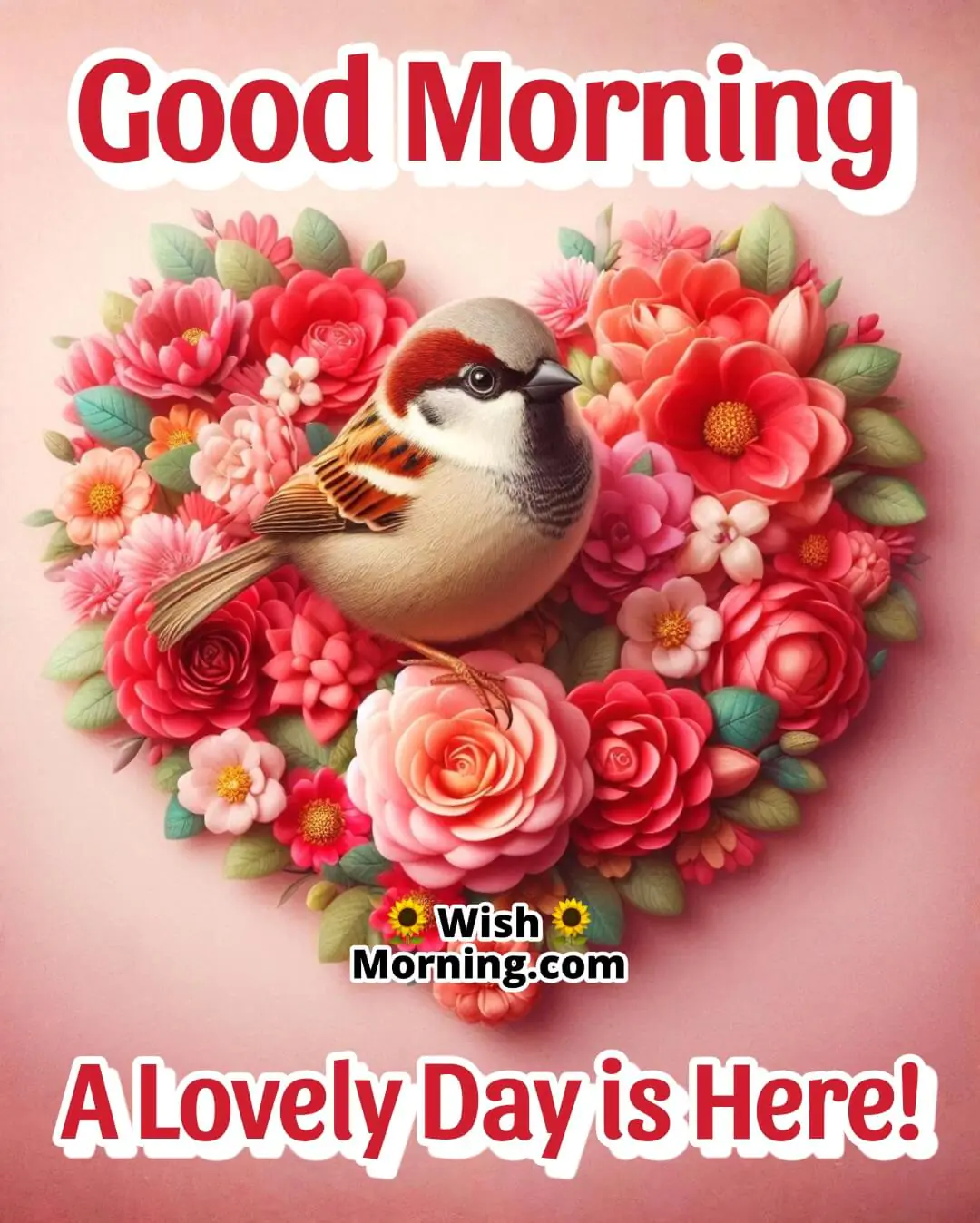 Sparrow sitting on a heart-shaped flower arrangement for morning wishes.