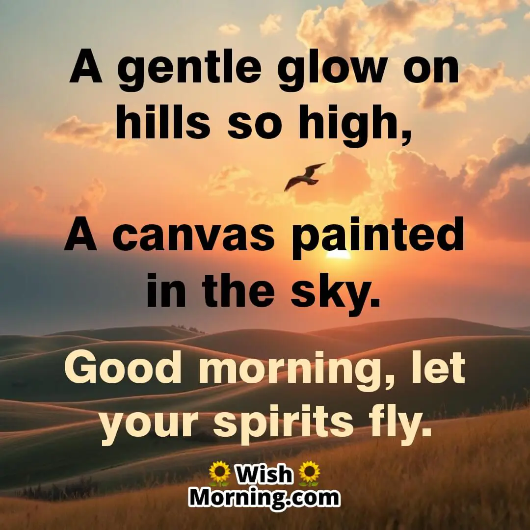 A soft sunrise illuminating rolling hills, symbolizing a bright and uplifting morning.