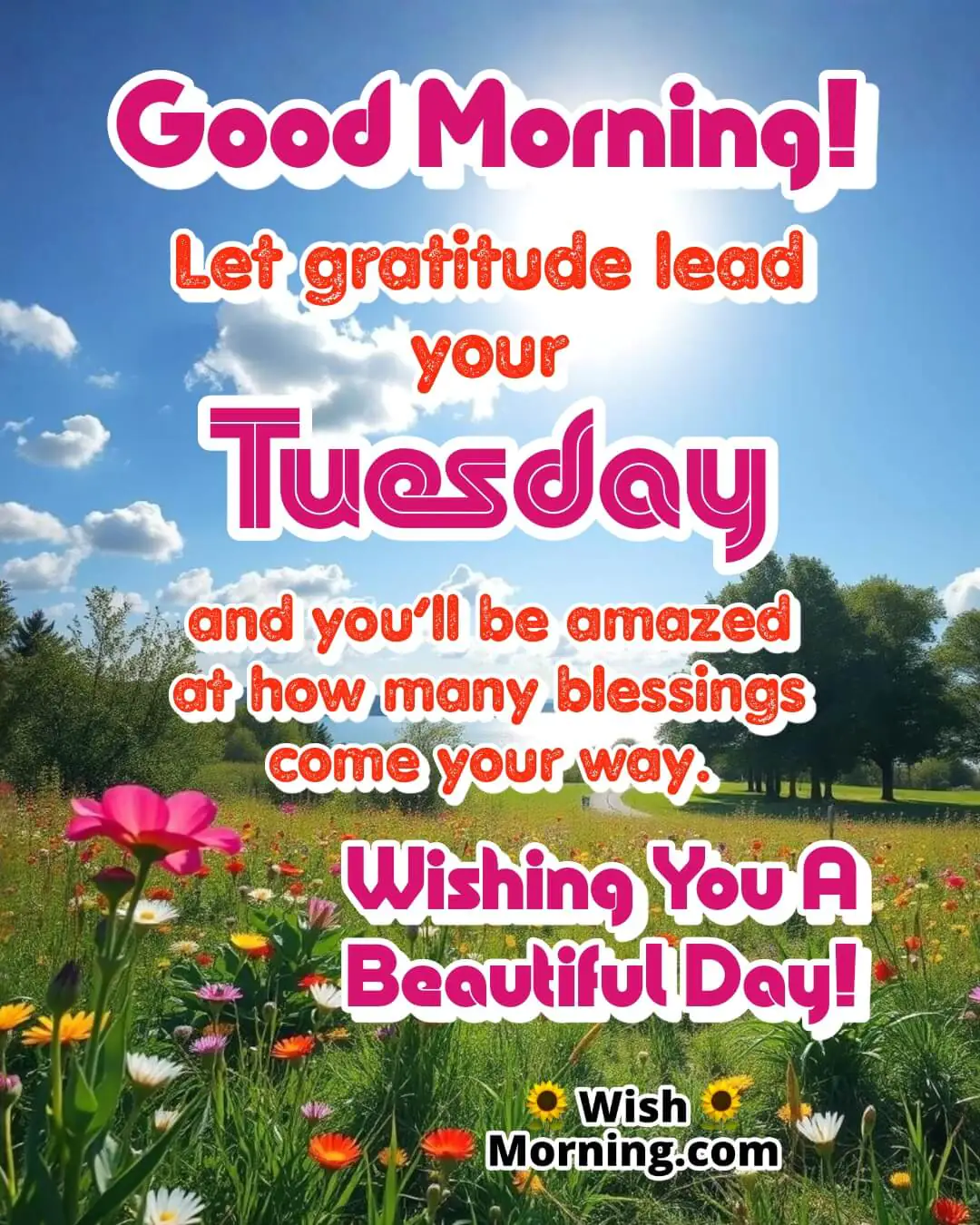 Good Morning Tuesday image with a scenic meadow, colorful flowers, and a serene lake symbolizing gratitude and blessings.