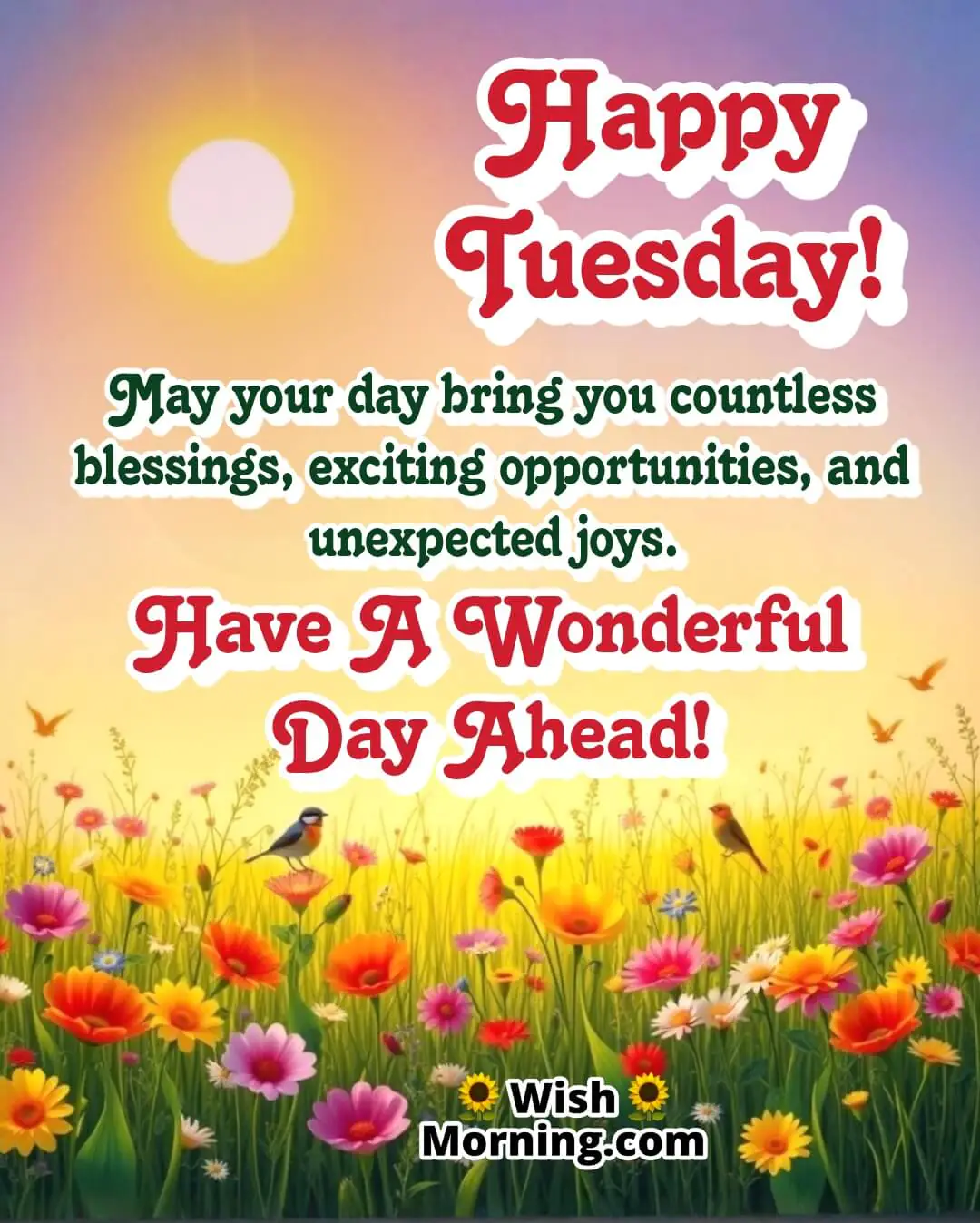 Good morning Tuesday image with a vibrant sunrise over a colorful meadow, symbolizing blessings, opportunities, and unexpected joys.