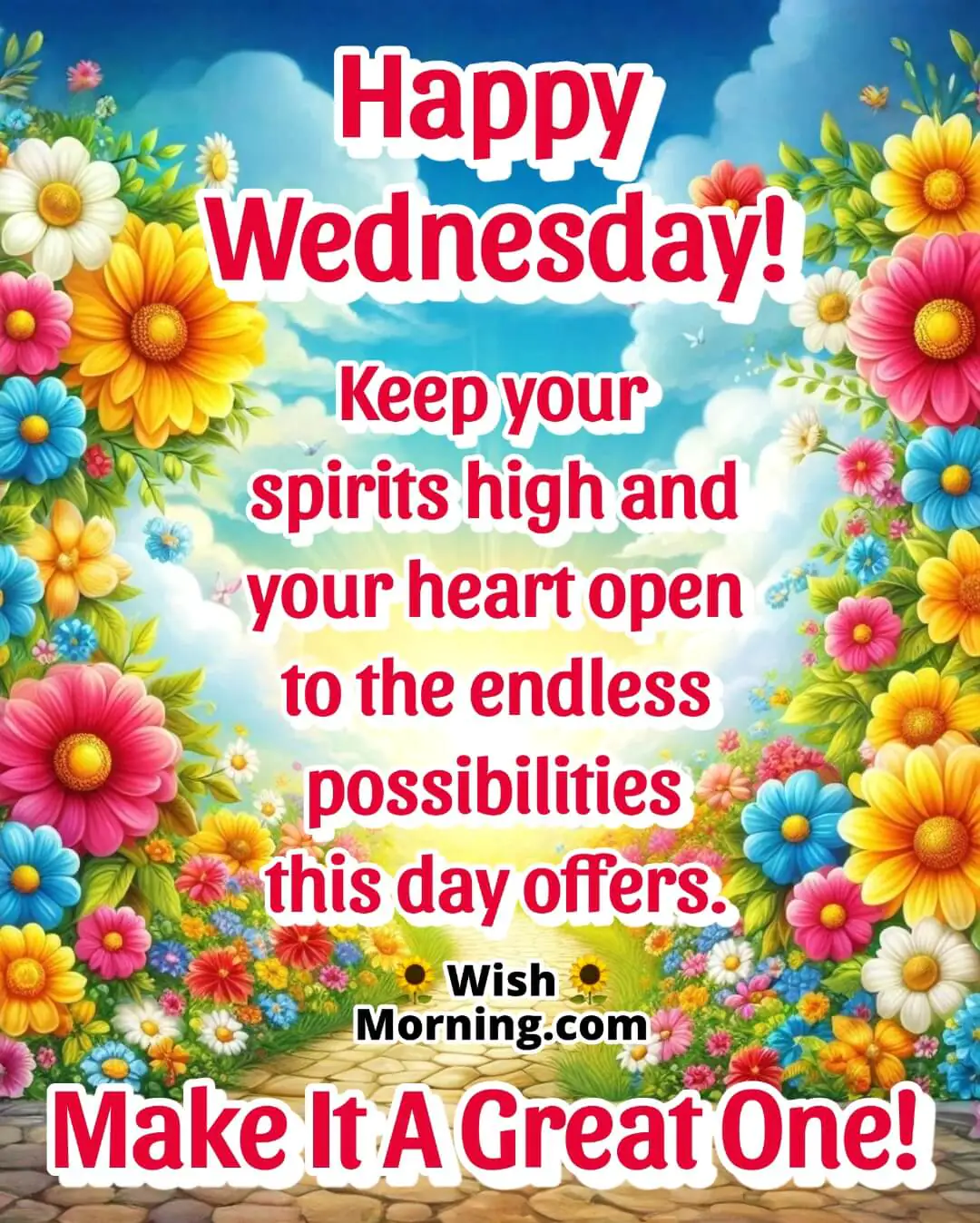 Bright Wednesday image with colorful flowers and a sunny sky, symbolizing positivity and possibilities.