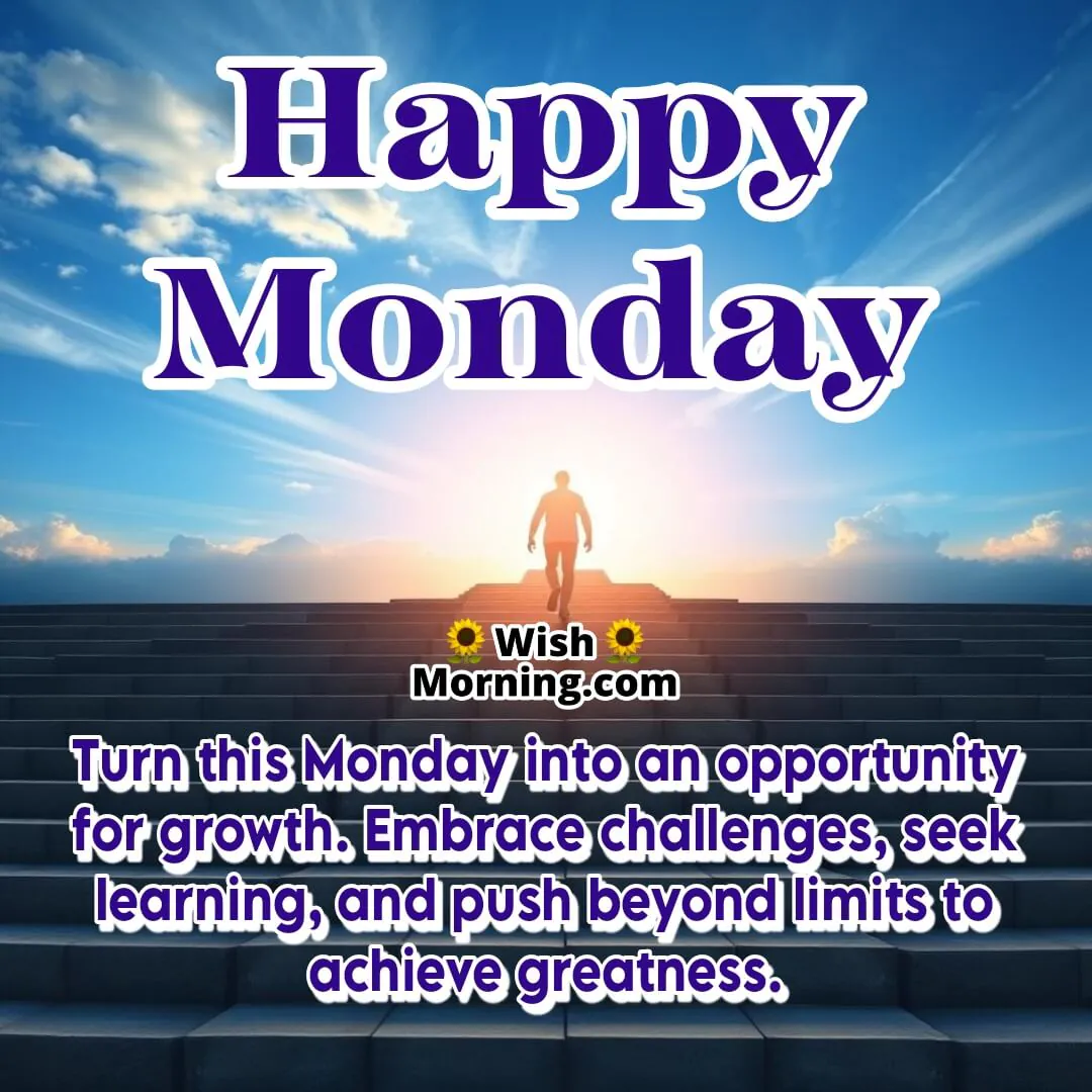 A person climbing stairs toward a glowing horizon on Monday, symbolizing growth and achievement.
