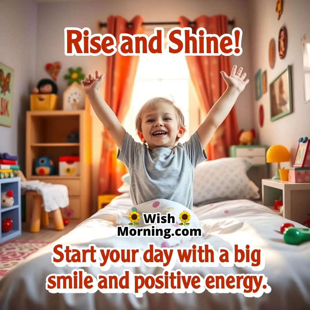 A joyful child stretching in bed with morning sunlight filling the room, symbolizing a positive start.