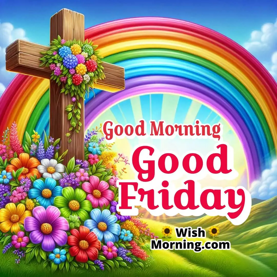Good Morning Good Friday With Rainbow And Flowers