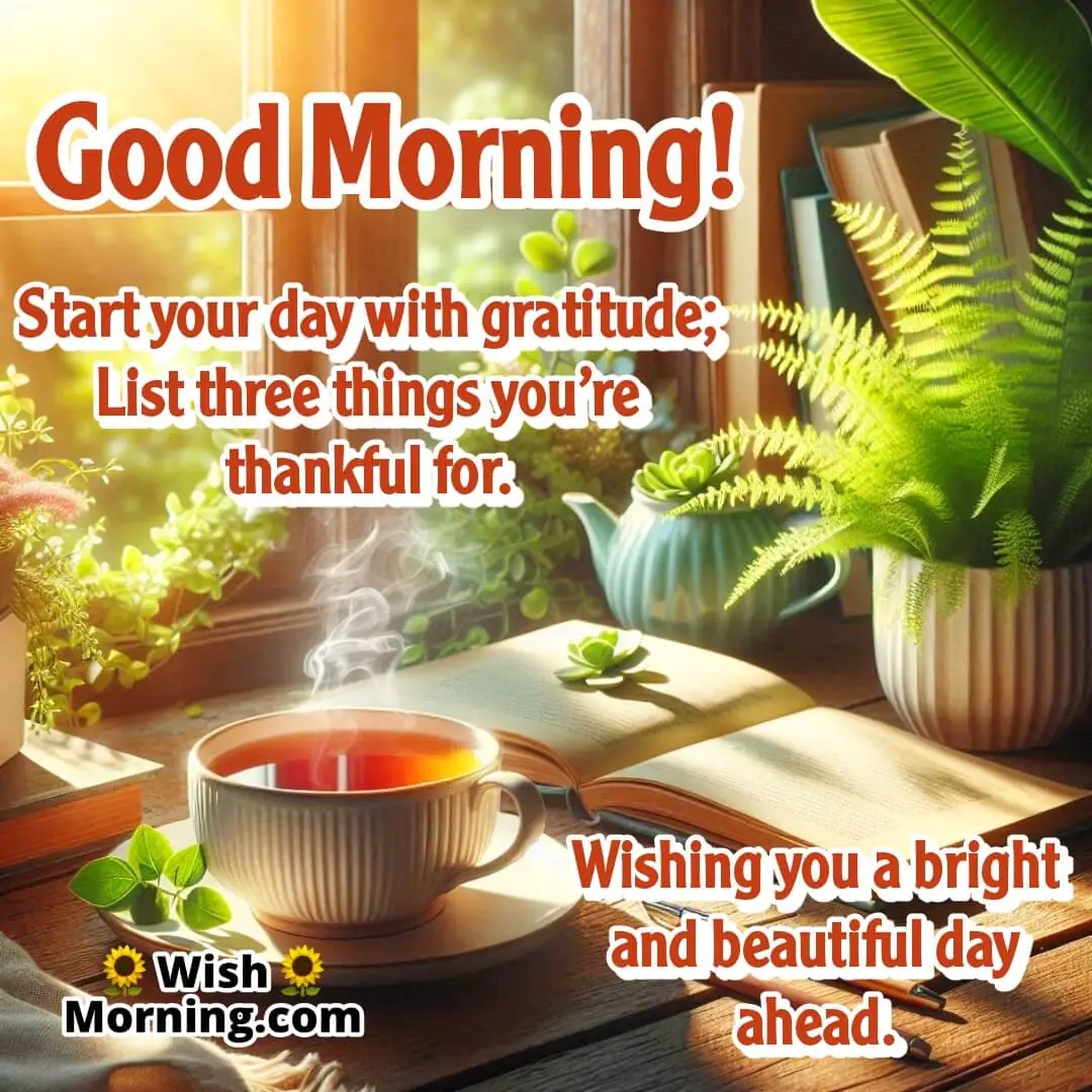 A peaceful morning with a journal and tea symbolizing gratitude and positive beginnings.