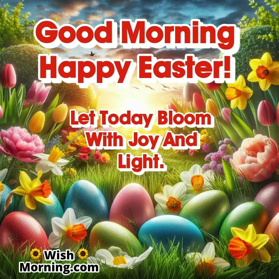 A joyful Easter morning garden filled with fresh flowers and eggs under a bright sunrise.