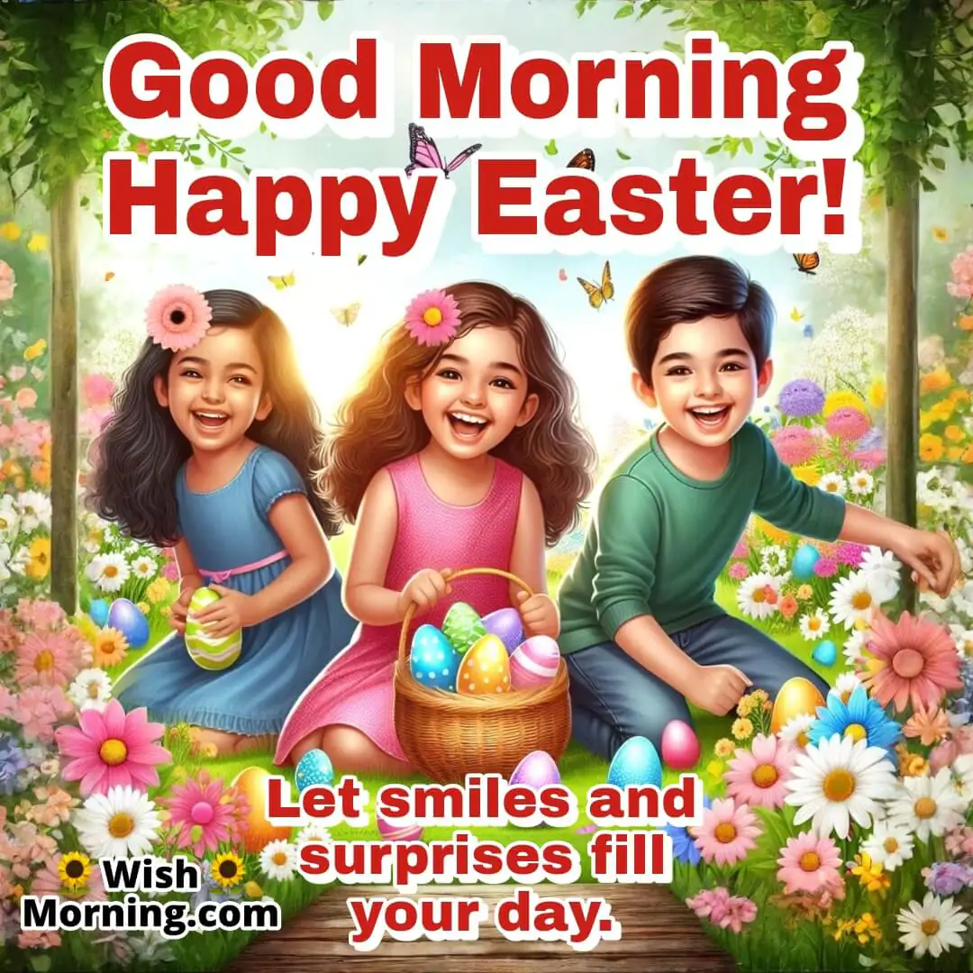 A joyful Easter morning with children playing and bright colours everywhere.