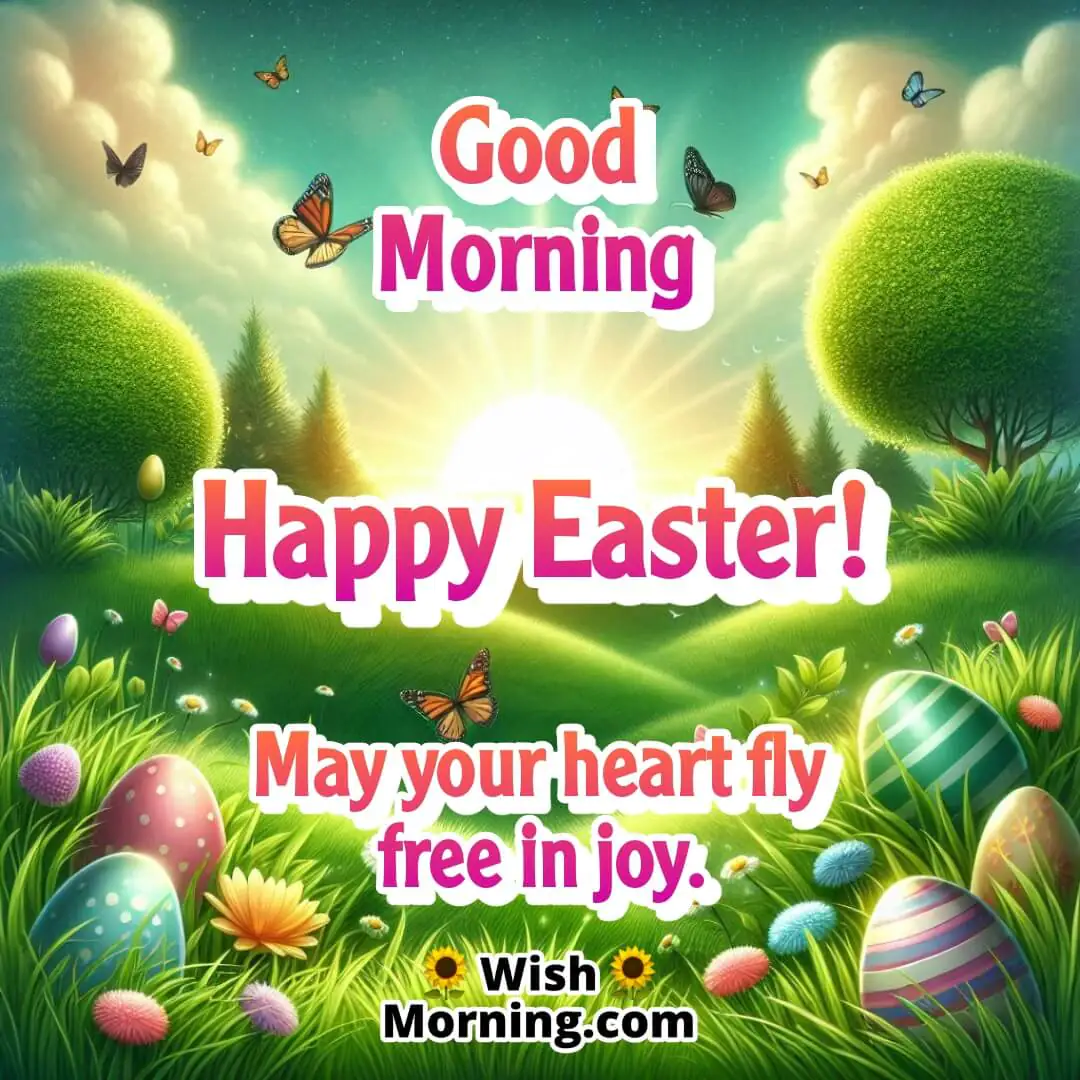 A bright Easter morning with butterflies, eggs and fresh air symbolizing happiness.