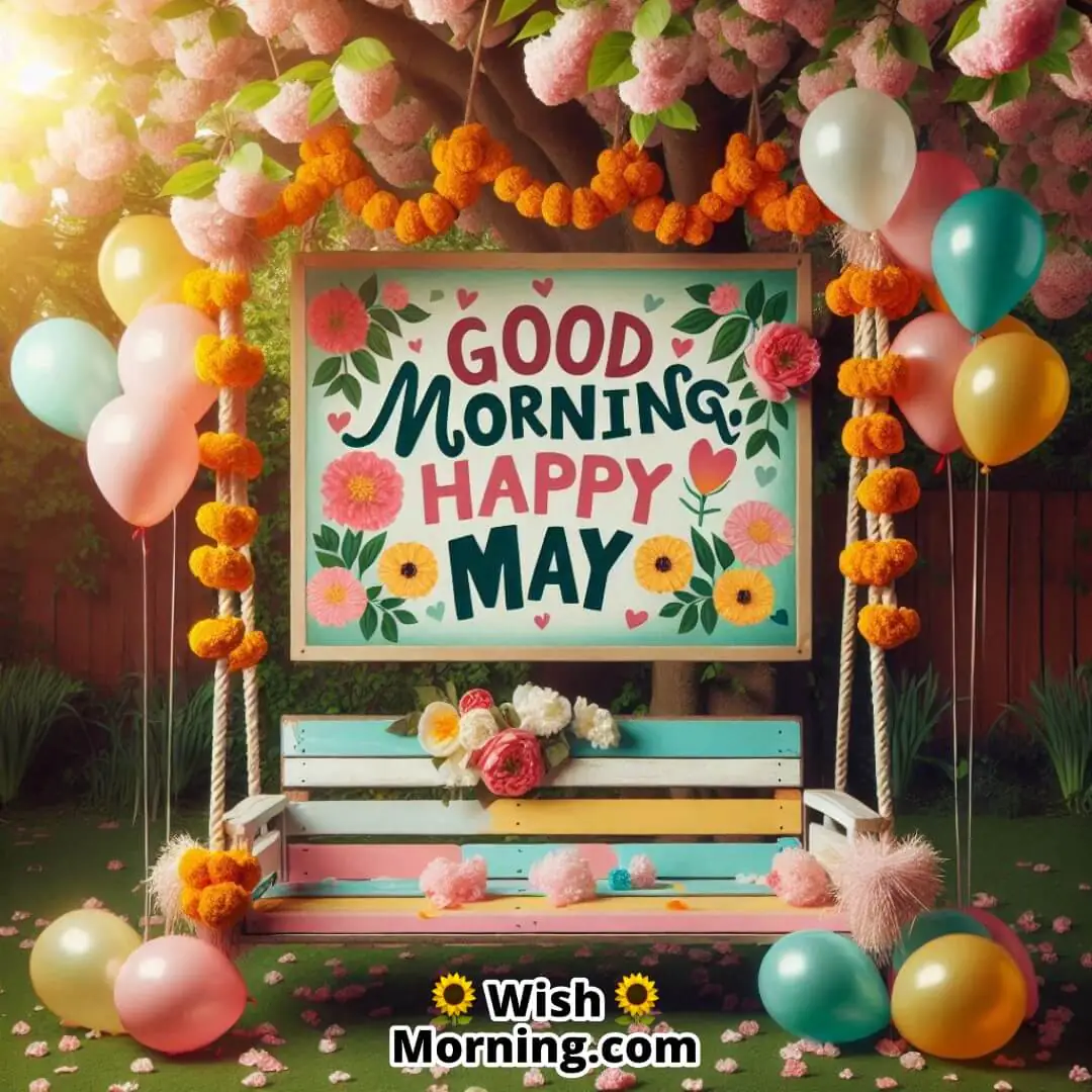 Cheerful garden swing scene celebrating the freshness and joy of a May morning.
