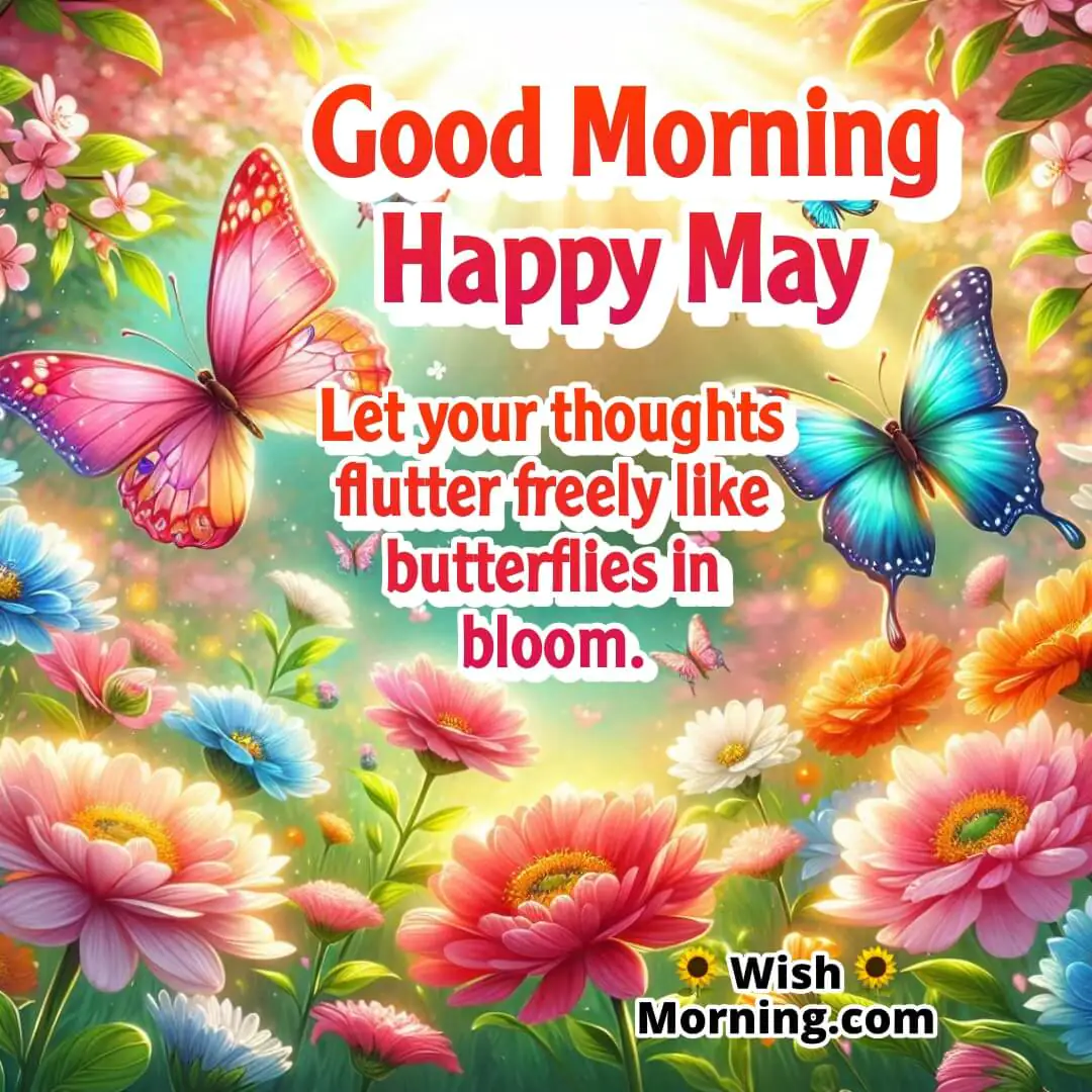 Good Morning Happy May featuring butterflies in a sunlit garden, symbolizing freedom, joy, and the magic of spring.