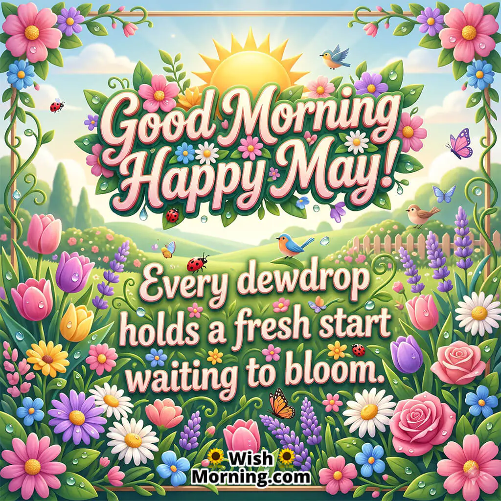 Good Morning Happy May featuring dew-covered green leaves, symbolizing freshness, hope, and new beginnings.