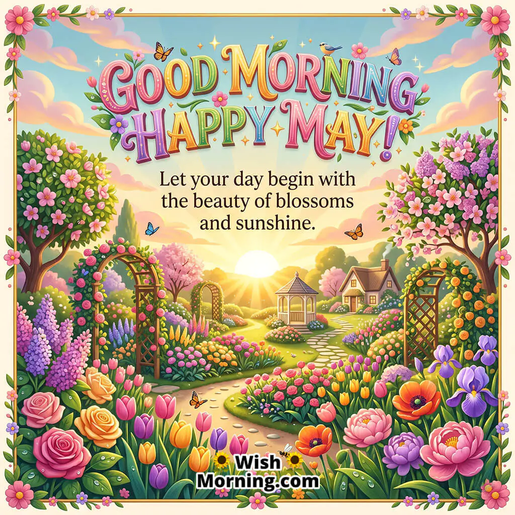 Good Morning Happy May featuring sunrise over a colorful flower garden, symbolizing a bright, joyful start to the month.