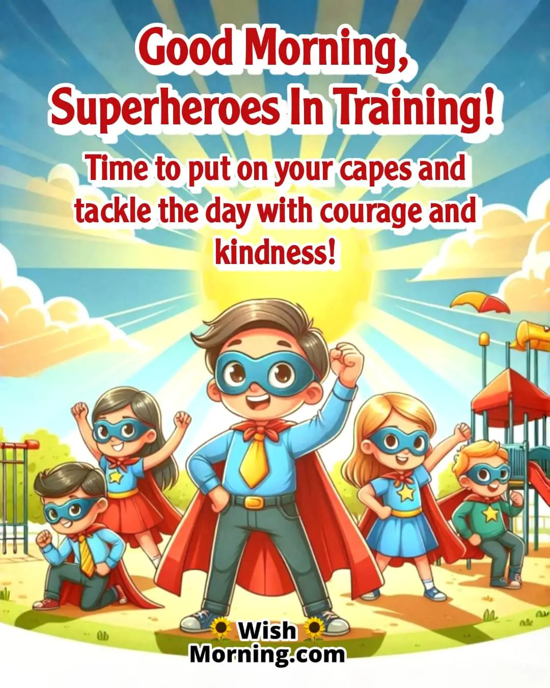 Good Morning superhero kids scene symbolizing courage, kindness, and morning energy.