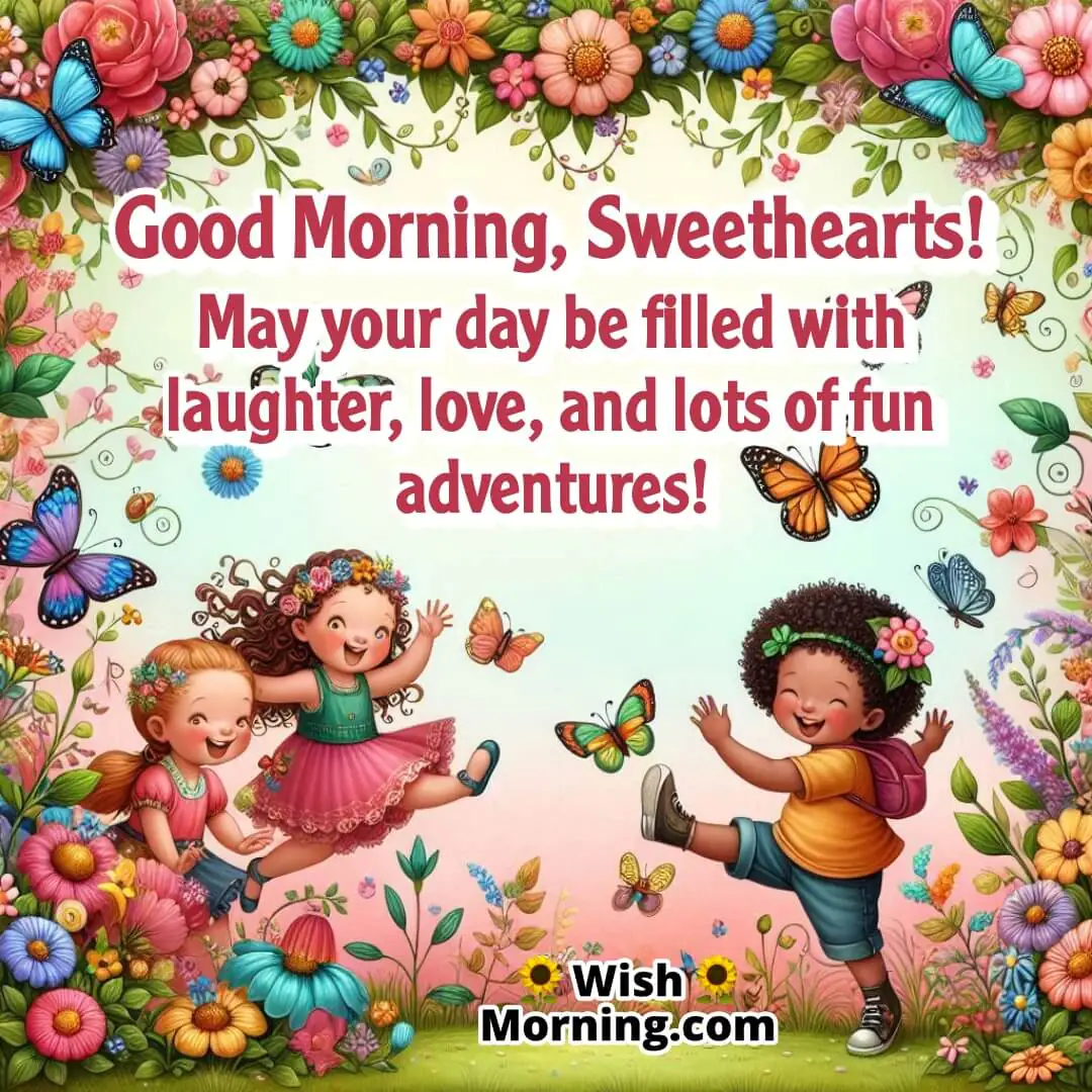 Good Morning kids scene in a garden symbolizing joy, innocence, and playful adventure.