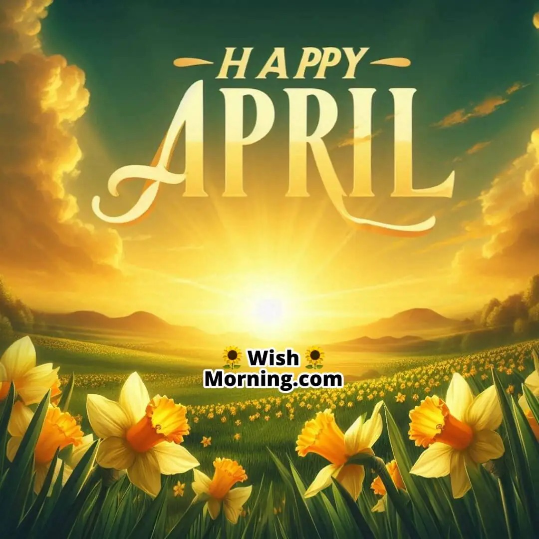 Happy April Golden Sunrise Over Daffodils Fields