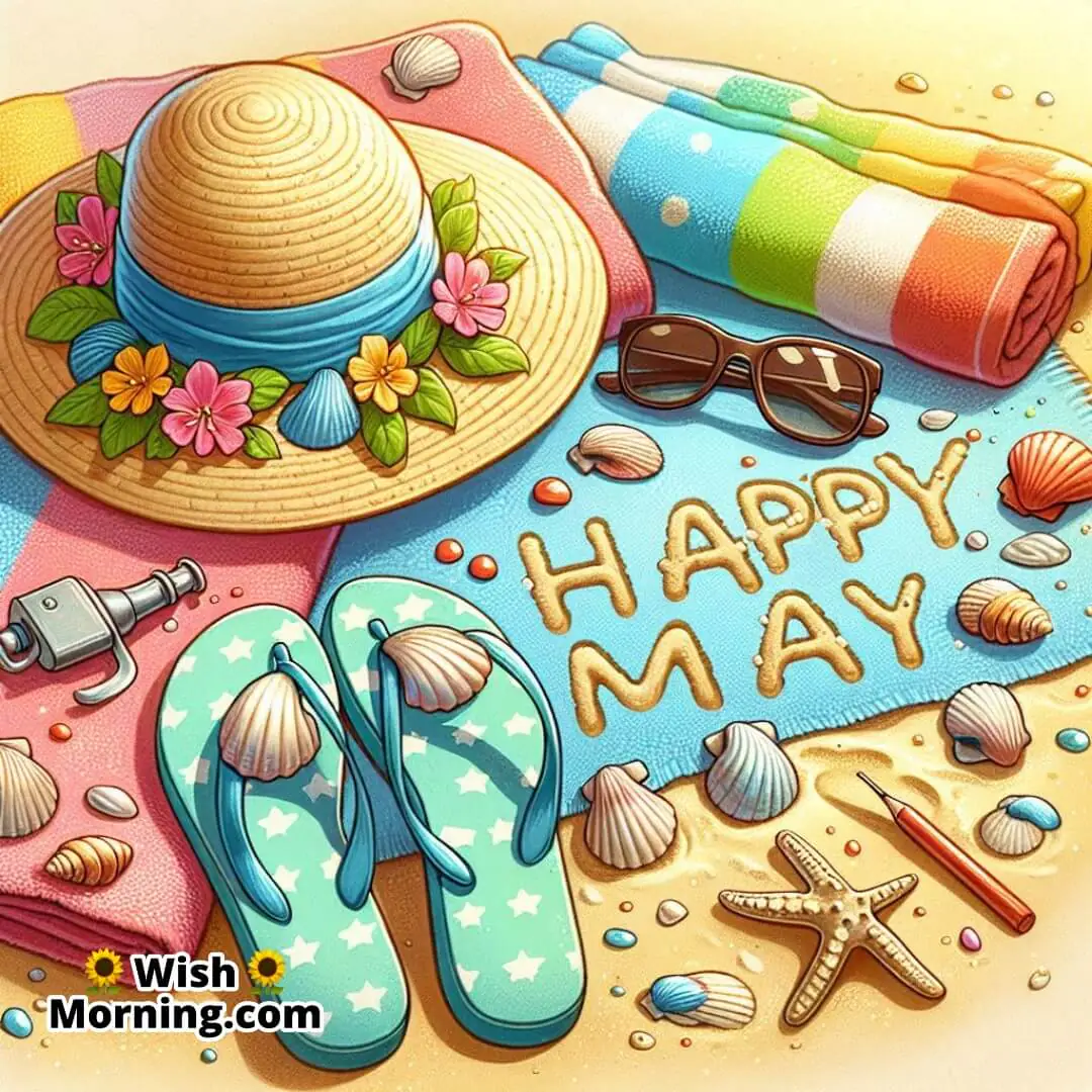 Happy May Beach Sand Writing Pic