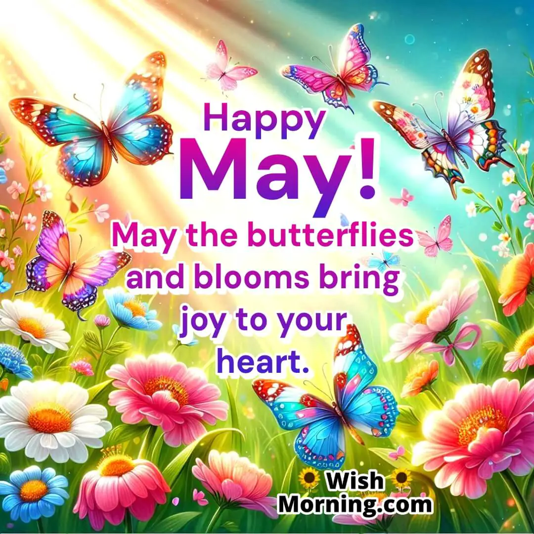 Butterflies fluttering around spring blooms in a sunlit May garden, representing joy and vitality.