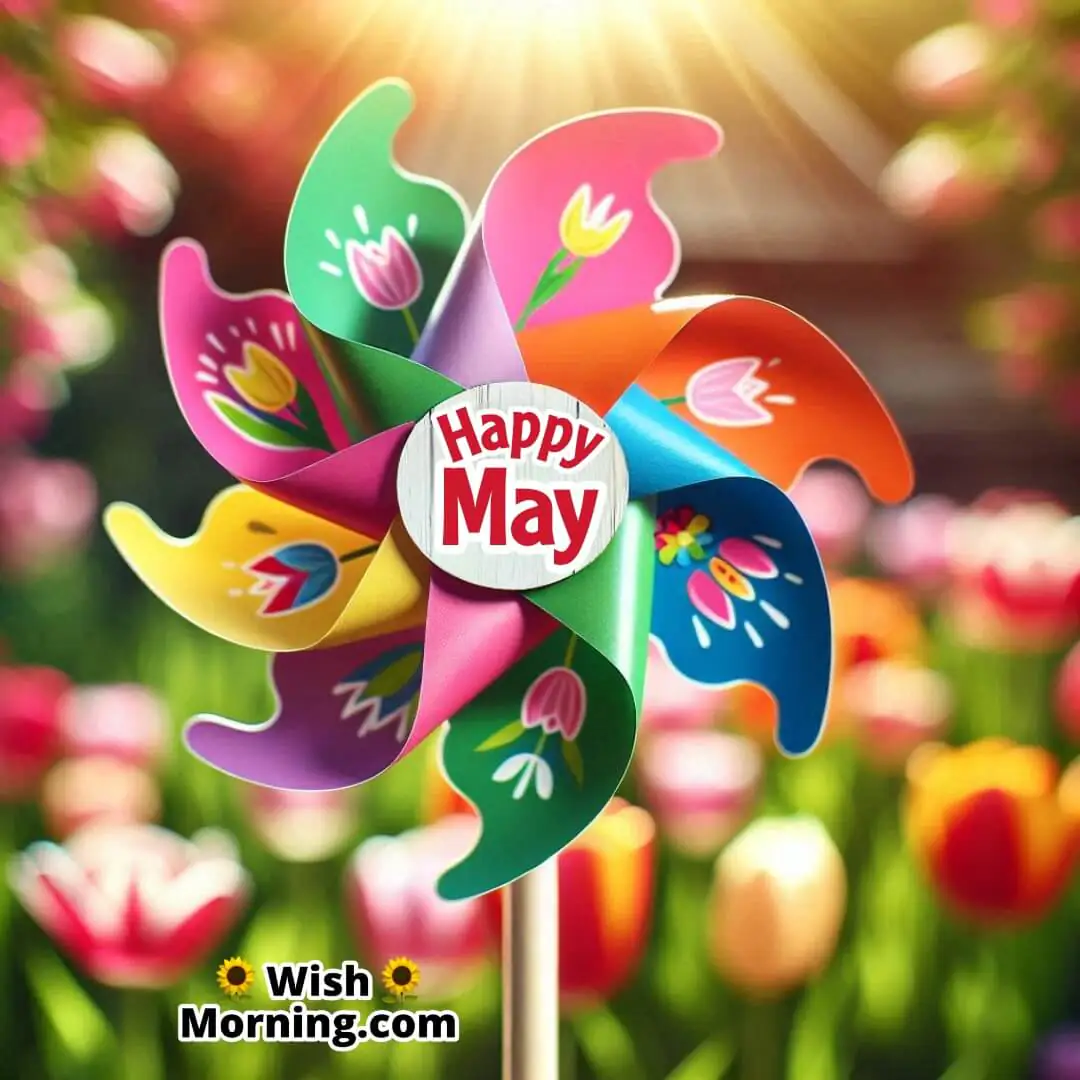 Fun pinwheel and spring flowers expressing the cheerful start of May.