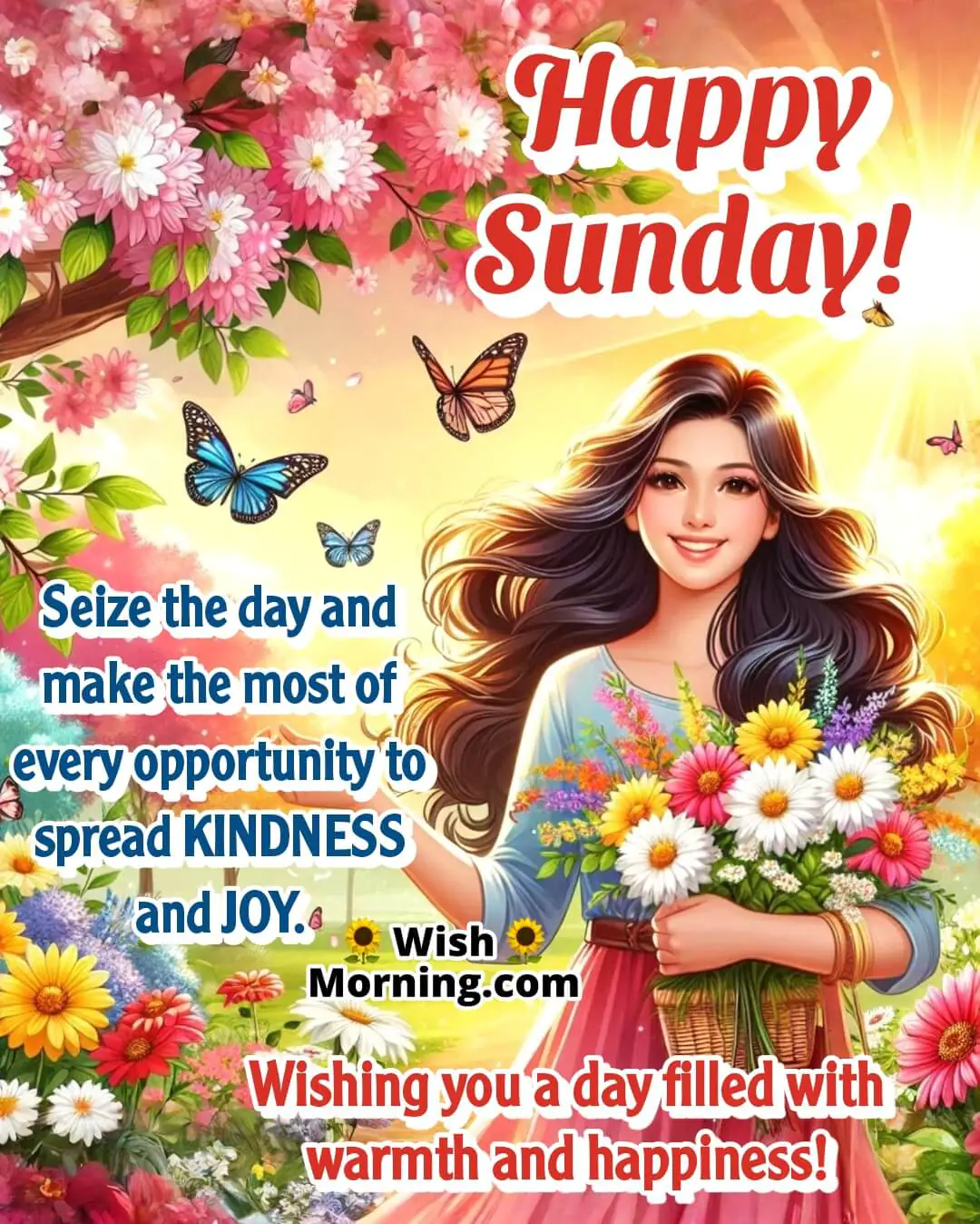 A joyful Sunday scene with a smiling woman surrounded by flowers and butterflies, radiating happiness and