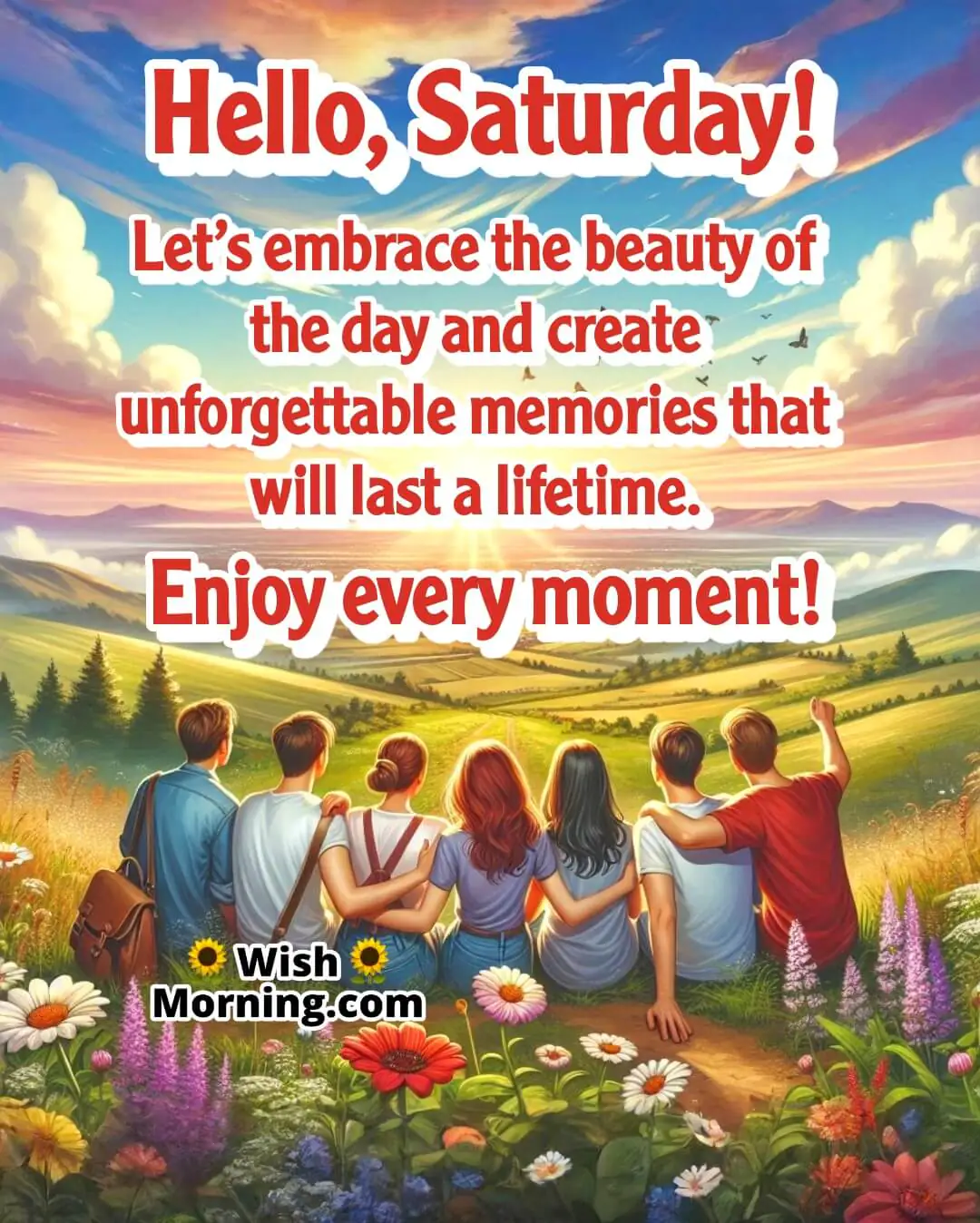 Saturday morning image with friends on a hilltop at sunrise, symbolizing togetherness and unforgettable moments.