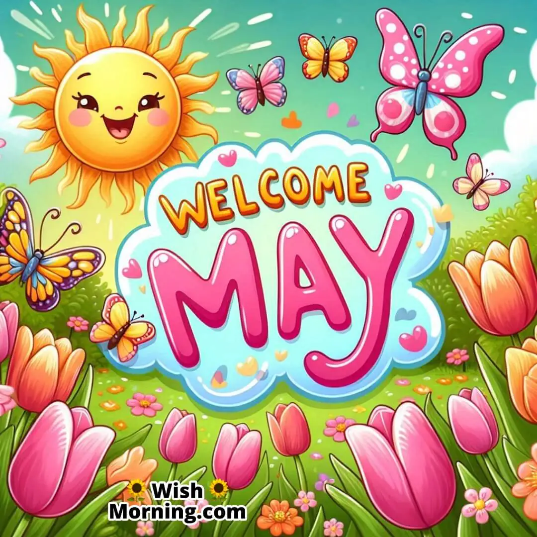Welcome May Cartoon Garden Scene
