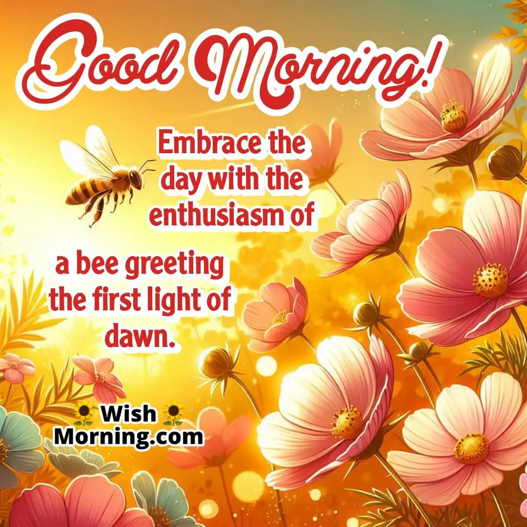 A bee fluttering near morning flowers under sunrise light, symbolizing energy and enthusiasm.
