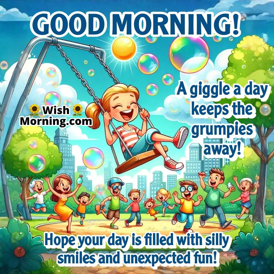 Good Morning joy and laughter scene in a playful park setting.