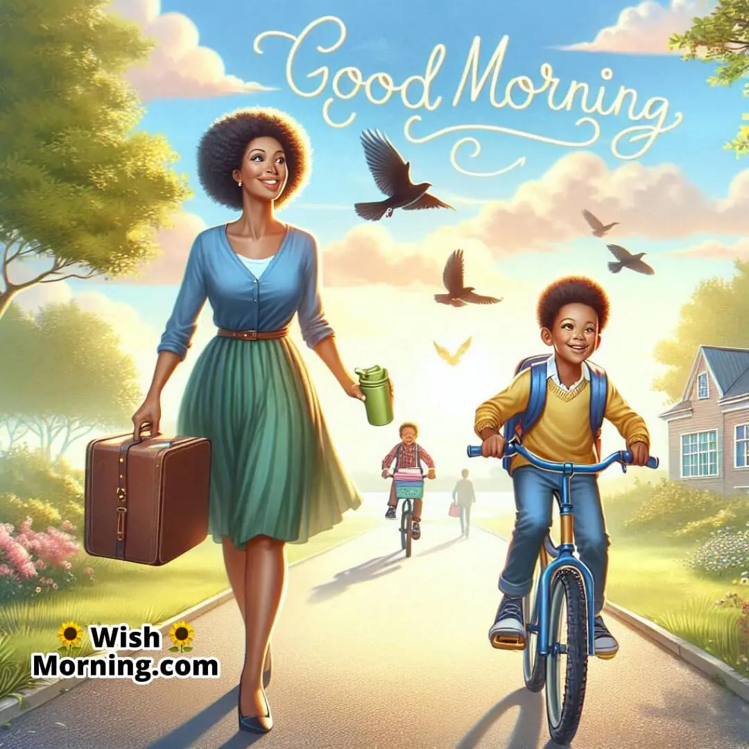 Good Morning Card Of Mother Walking With Cycling