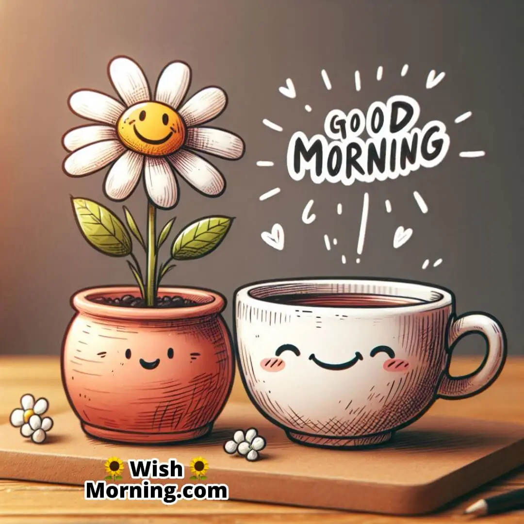 Good Morning Cartoon Tea Cup With Flower Pot