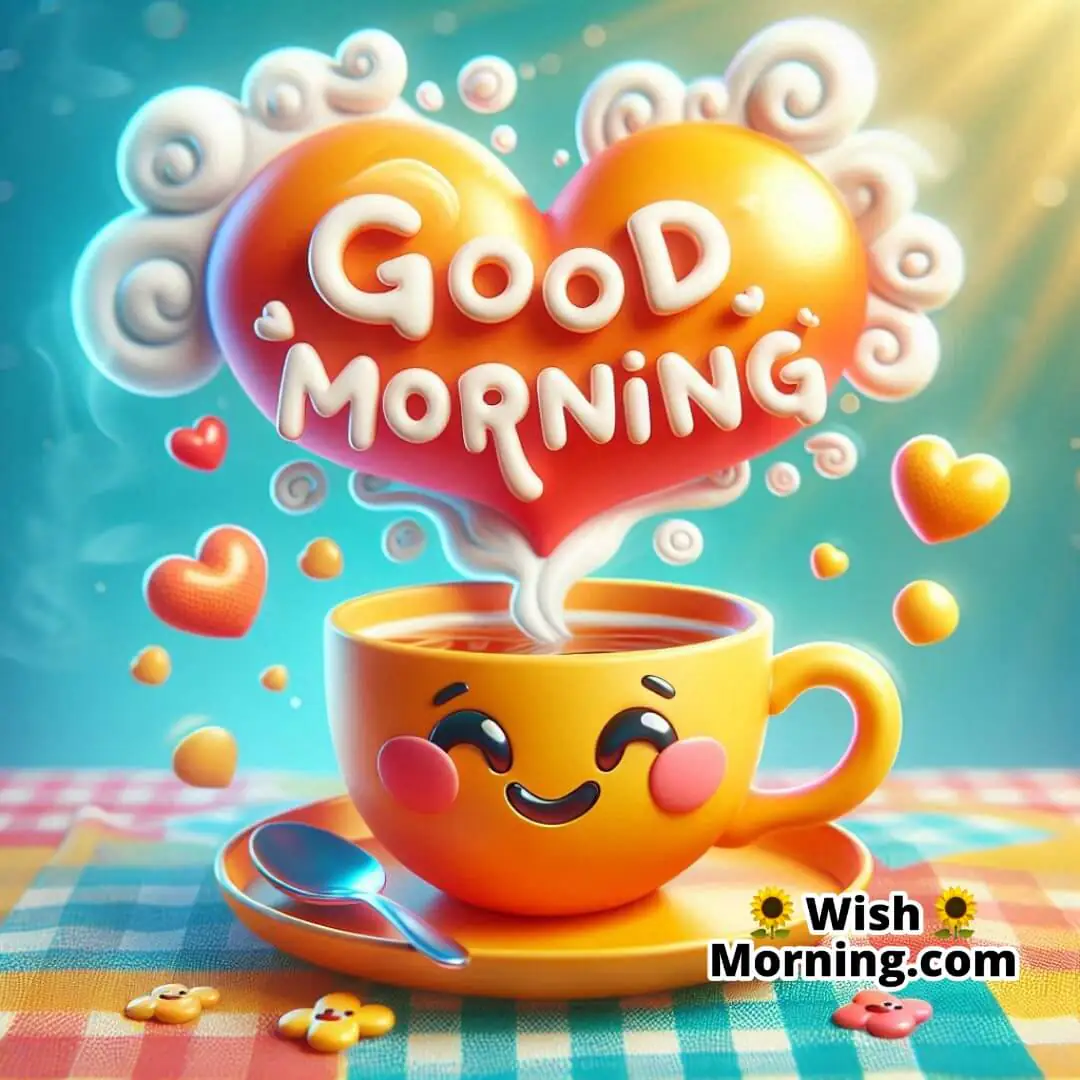 Good Morning Cartoon Tea Cup With Heart Steam