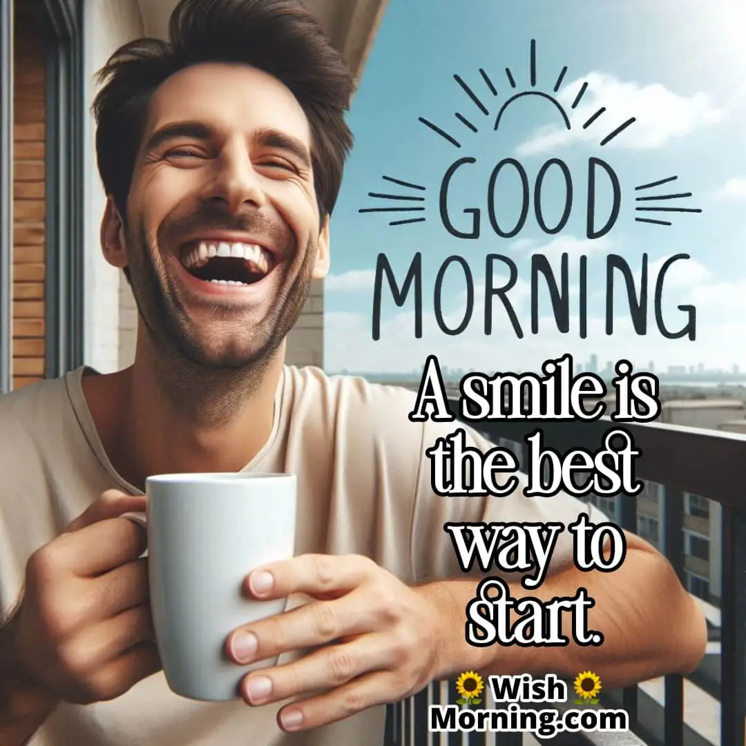 A man enjoying morning coffee and laughter on a balcony with sunlight.