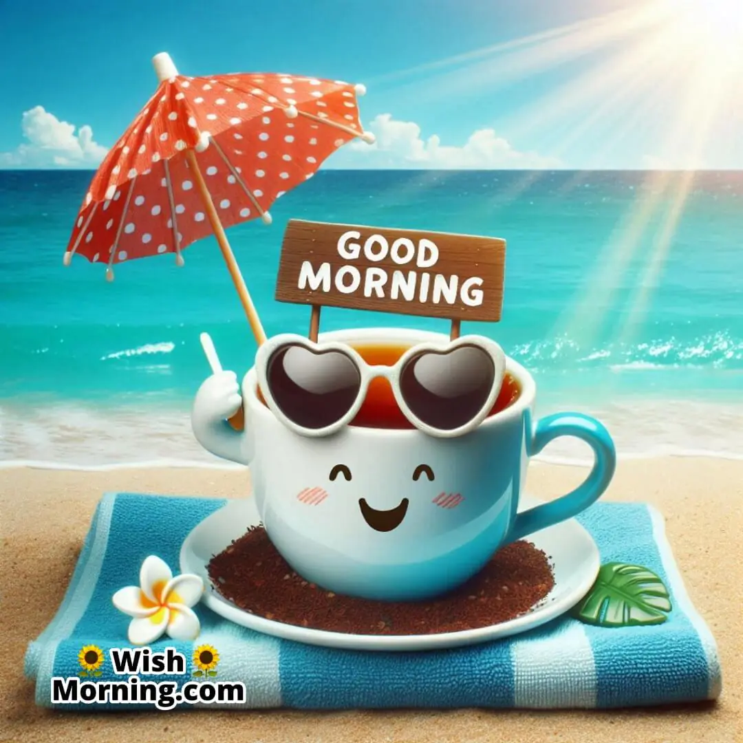 Good Morning Cool Cartoon Tea Cup On Beach