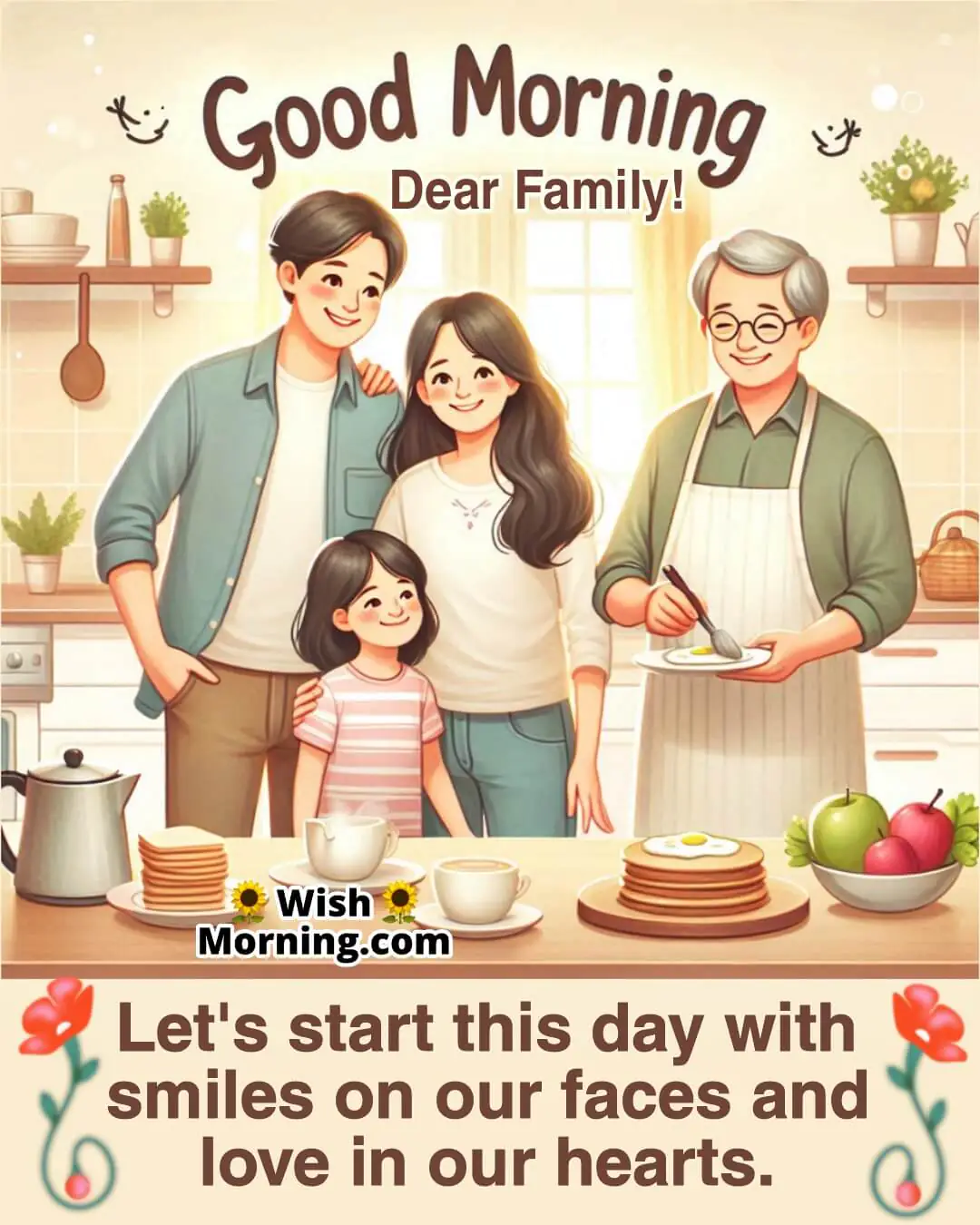 Good Morning image featuring a joyful family in a kitchen, symbolizing unity and the warmth of starting the day together.