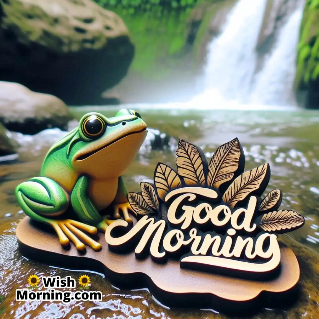 A relaxed frog near a waterfall enjoying nature’s morning beauty.