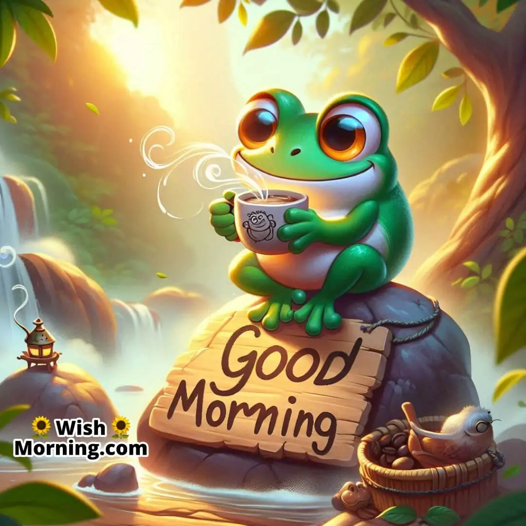A frog enjoying a cozy morning sip in a calm outdoor setting.