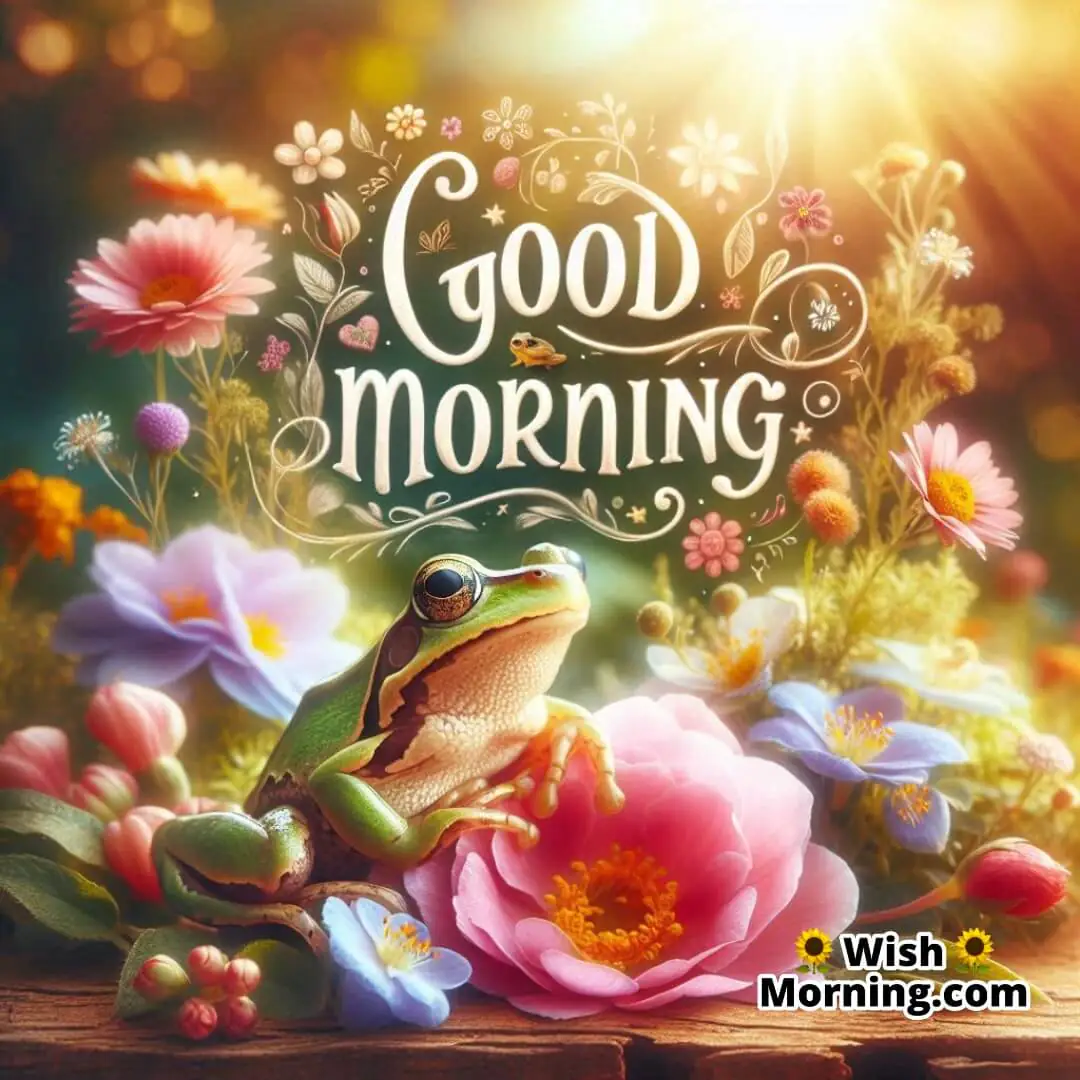A frog surrounded by colorful flowers soaking in the fresh morning breeze.