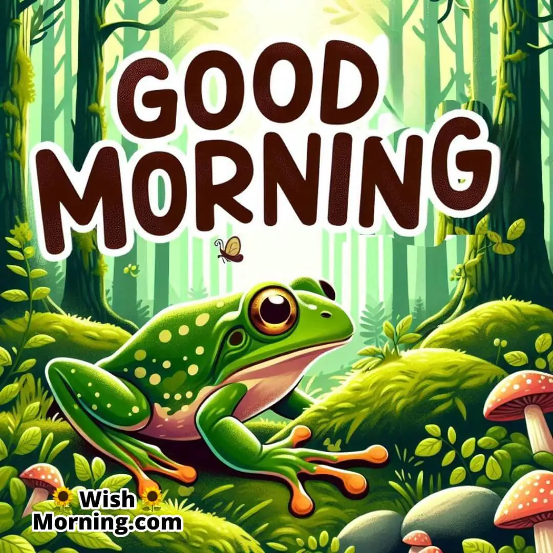 A frog walking through morning forest with a dreamy and hopeful vibe.