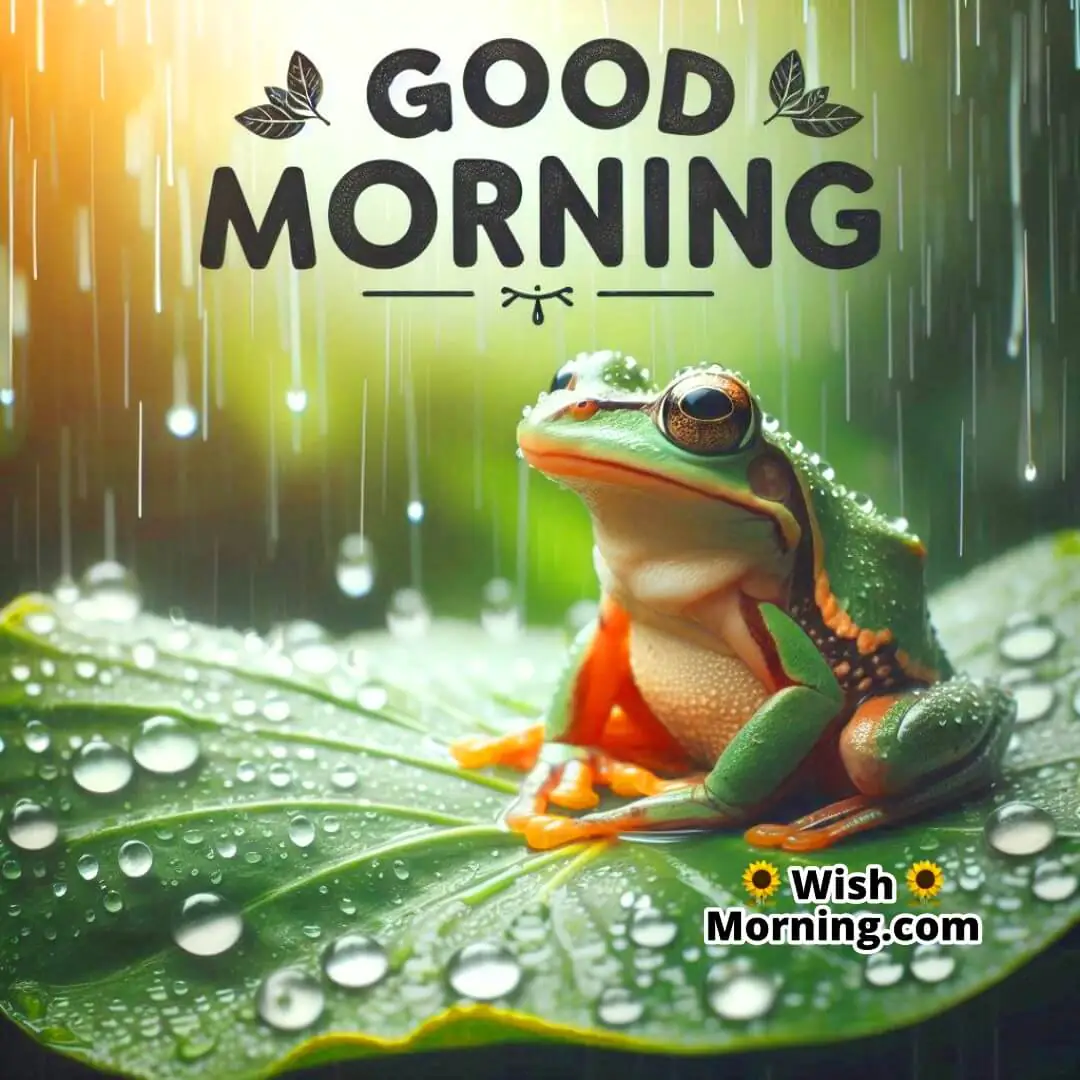 A frog resting on a leaf in morning rain, symbolizing peace and freshness.