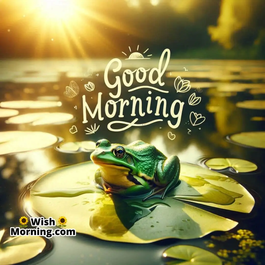 A peaceful frog resting on a lily pad in early morning light.